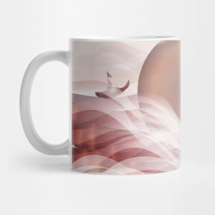 Sailing into the sunset, sunrise, sun, nature, landscape, ocean, boats, digital, summer, beach, sky, clouds, minimal, art, sea, travel, red Mug